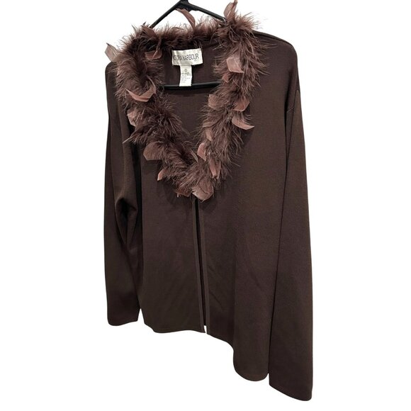 Victoria Harbour Brown Feather Trim Cardigan Sweater Sz XL - Picture 3 of 8